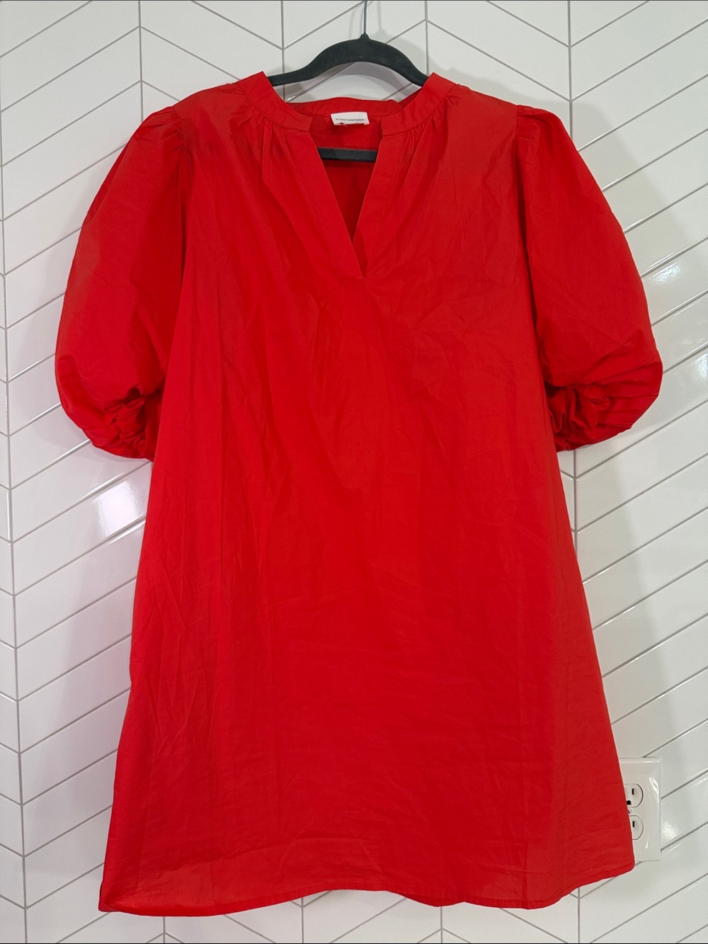 Forcynthia Bright Red V-Neck Puff-Sleeve Tunic Dress| Large